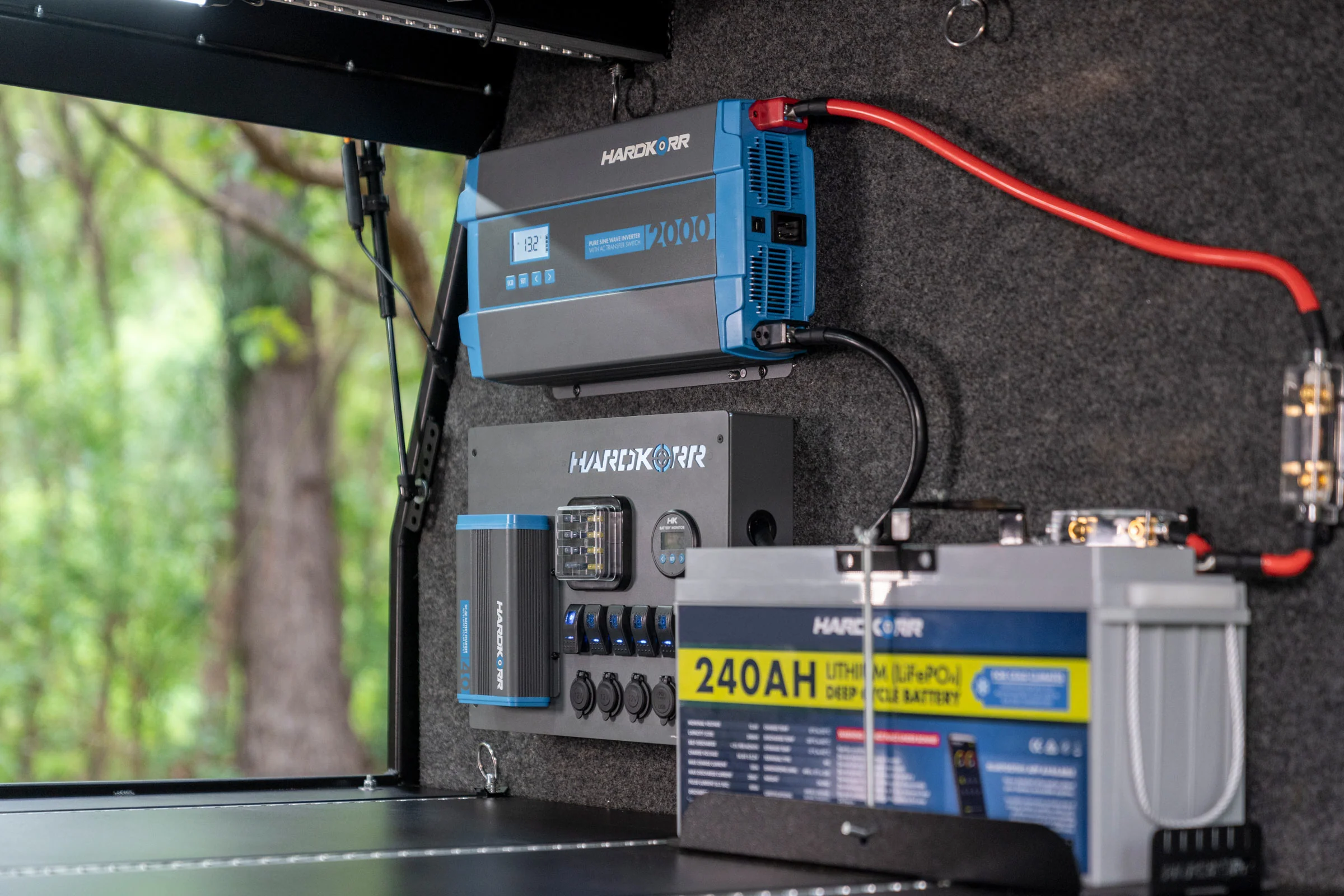 12 volt outlets and Anderson plug wiring in a vehicle interior